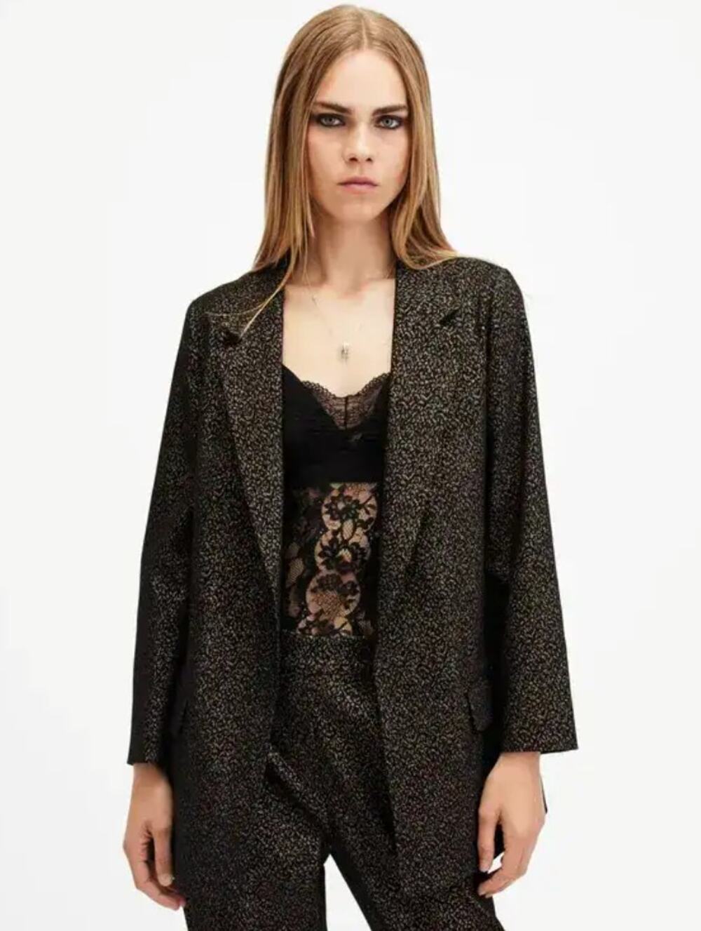 ALLSAINTS Aleida Lux Leopard Print Shimmer Blazer Size 12 Luxury Evening Chic